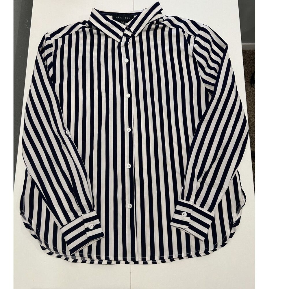 Womens Medium Oversized Blue & White Striped Button Up Blouse Dress Shirt